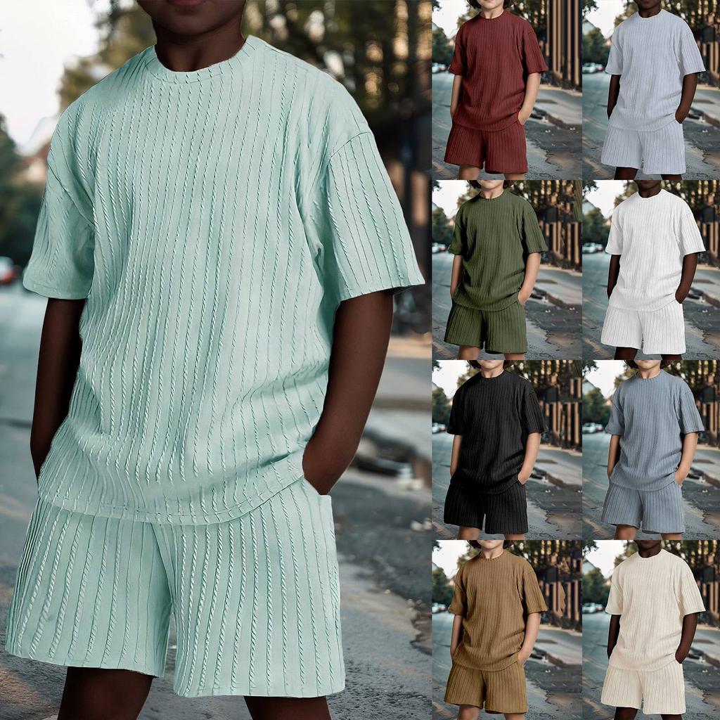 Children's 2 Piece Outfits Short Sleeve Crewneck Summer T Shirt And Drawstring Casual Track Shorts Set