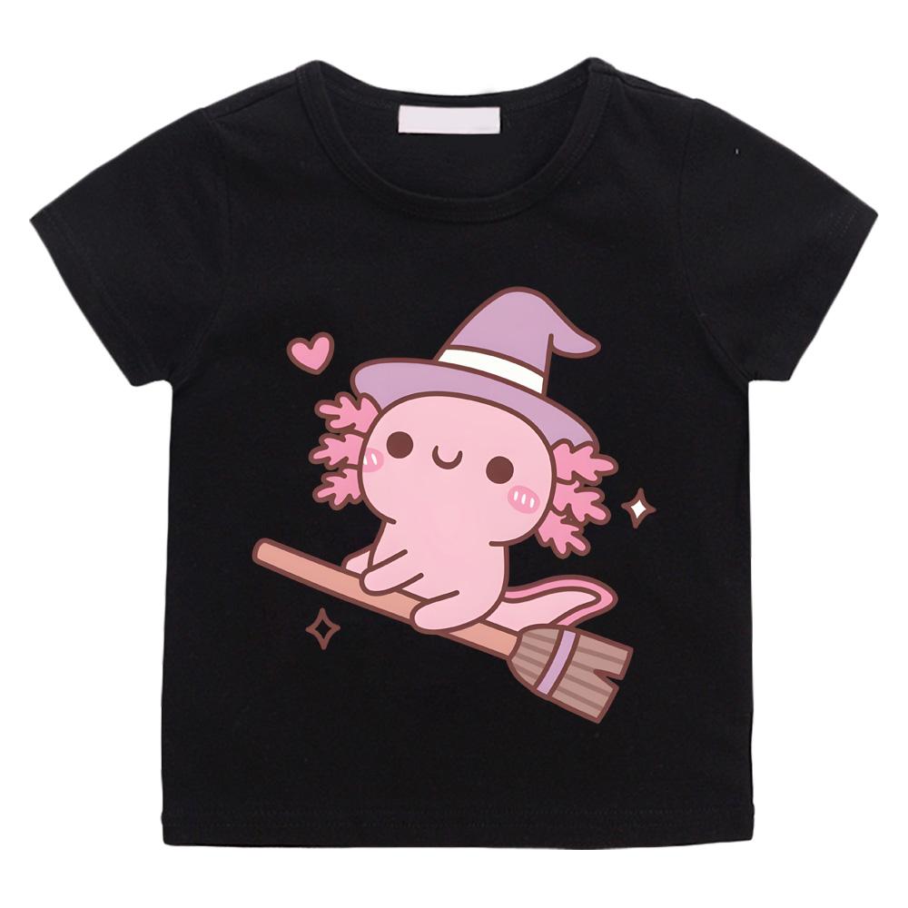 2026 New Style Cute Axolotl Witch Flying on A Broom T-shirts Boys Girls Children T Shirt Graphic Printing Tshirt