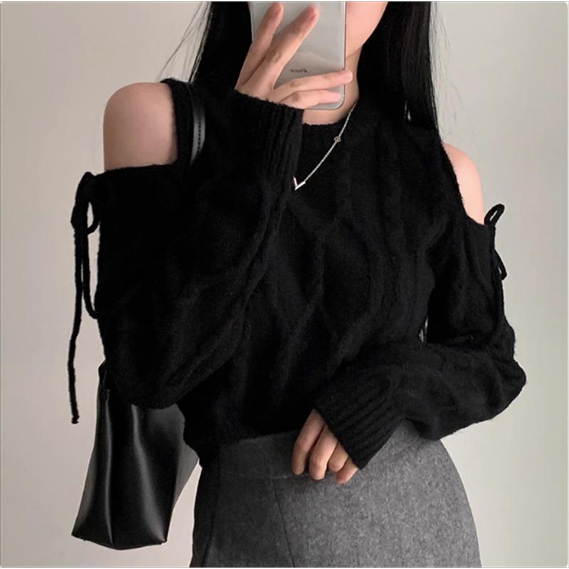 Off-the-shoulder Sweet Korean Fashion Pullover Women Sweater Autumn Winter Bow Tie Lace Up Casual Knitted Tops O Neck Loose Long Sleeve Clothing