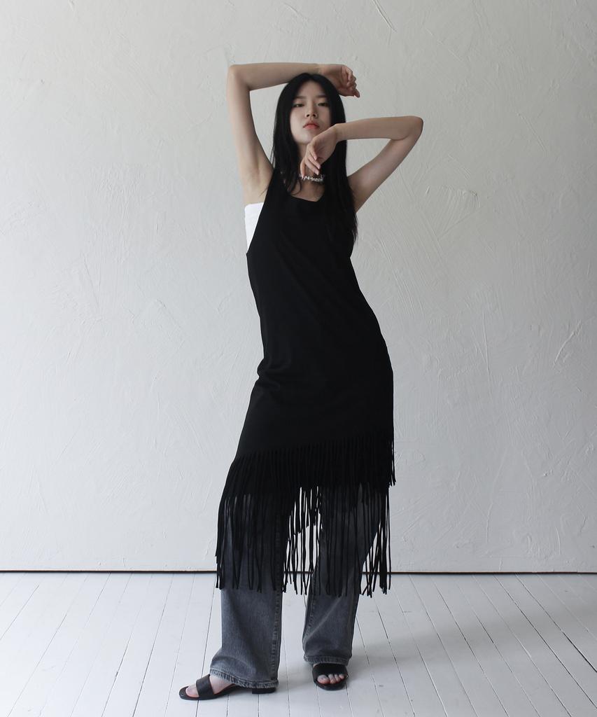 RUBATI Layered Fringe Jersey Dress_Black