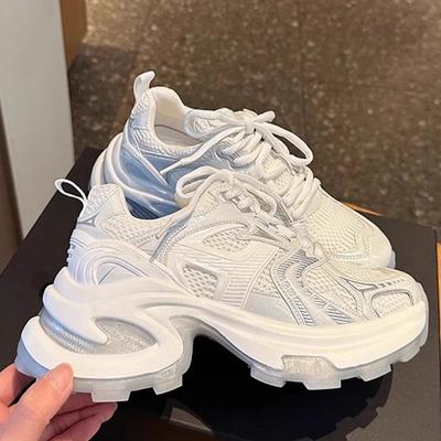Damesschoenen platform mesh ademend zilveren dad shoes 2025 zomer nieuwe mode verhogend veelzijdig casual sportschoenen