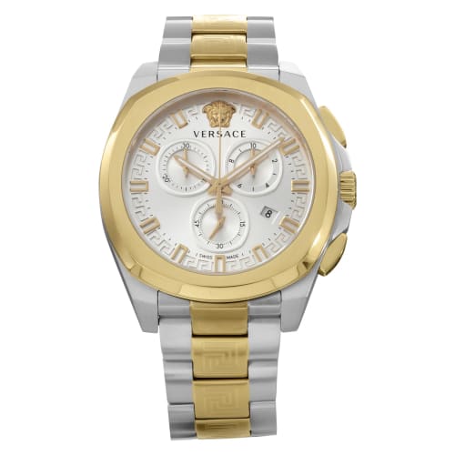 Versace Geo Chrono Uhr, Silbernes Zifferblatt, Quarzwerk, Saphirglas, 46mm, VE7CA0823, Herren, Gold und Silber