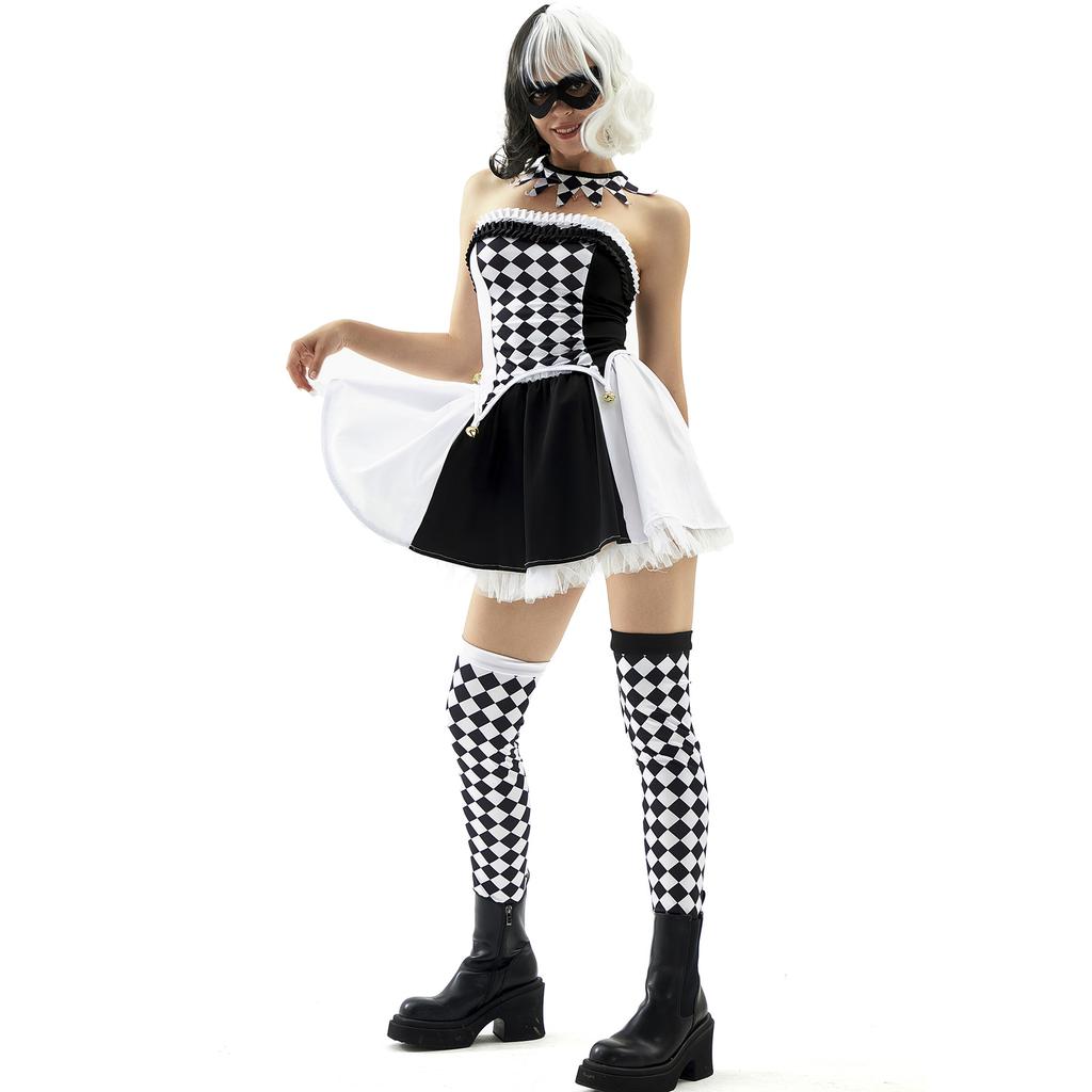 S-XL Cruella De Vil Black White Plaid Witch Queen Halloween Circus Party Costume