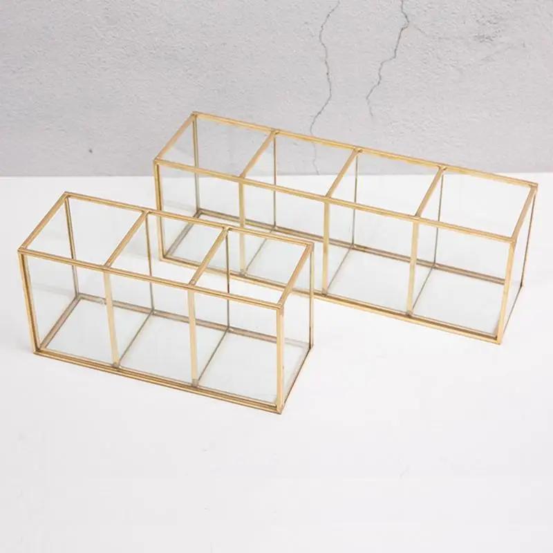 Gennemsigtig Glas Make-up Pensel Opbevaringsboks Guld Kosmetik Beholder Ring Blyant Læbestift Holder Make Up Pensler Organizer