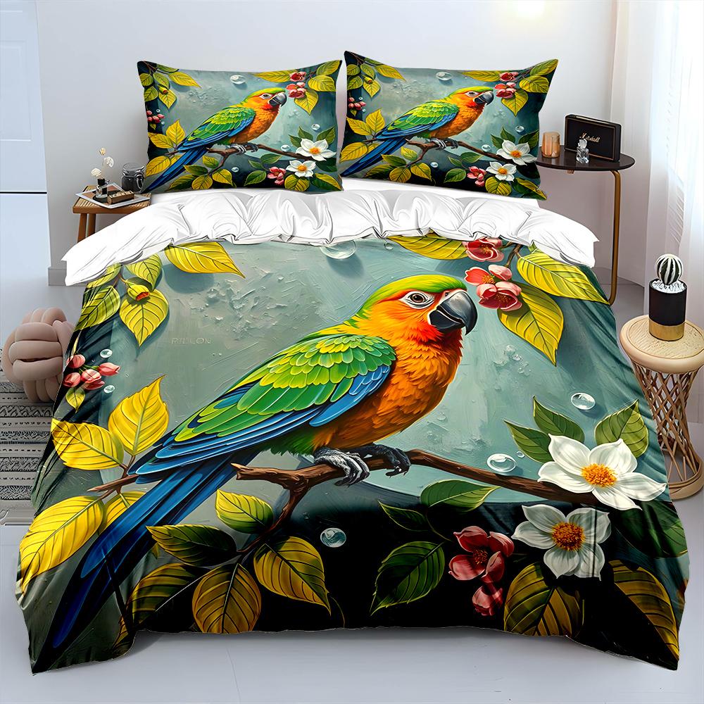 Colorful Parrot With Blooming Branch Print Soft Comfortable Duvet Cover Bedding Set Included 1*Duvet Cover  2*Pillowcases