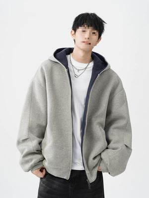 Men's Heavyweight Double Zipper Hooded Sweatshirt Jacket - Cool, Thickened Autumn Winter Color Block Casual Cardigan