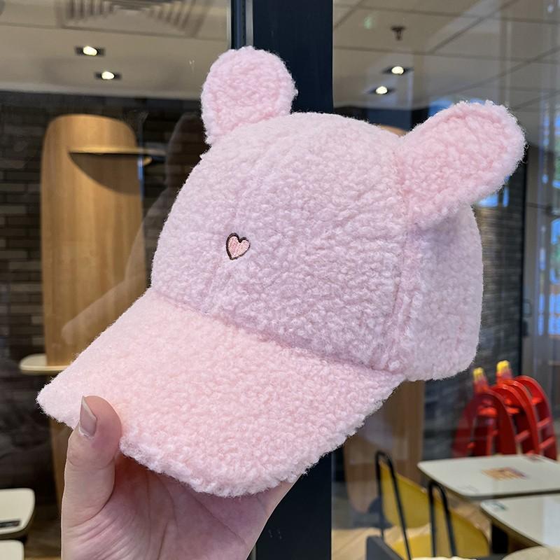 

Embroidery cute bear ears baseball hat autumn and winter lamb wool warm versatile cap (54-58Cm) Adjustable
