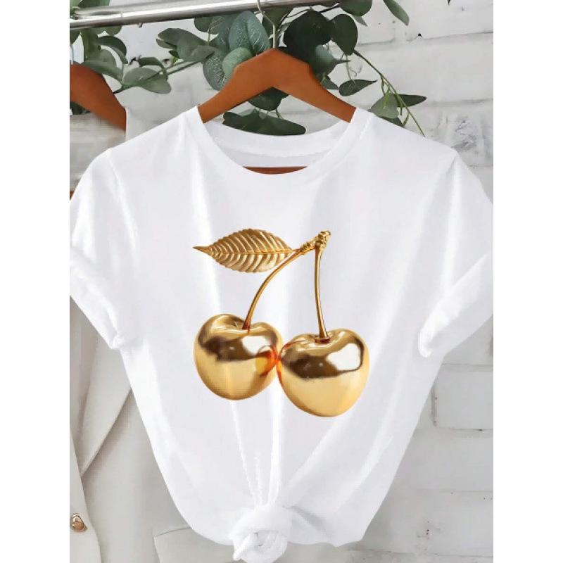 Women's Metal Cherry Print Summer T-Shirt - European & American Style, Round Neck, Short Sleeve