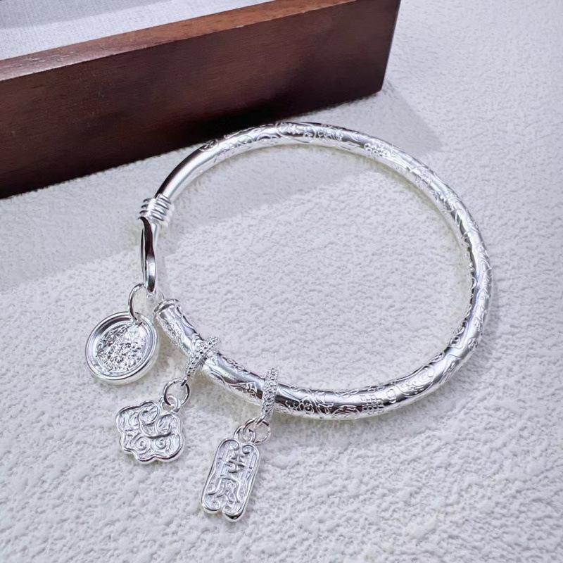 Retro round stick, auspicious, fashionable and versatile, Ruyi Ping An Huang Caishen, new Chinese-style tag, curling tail opening bracelet gift