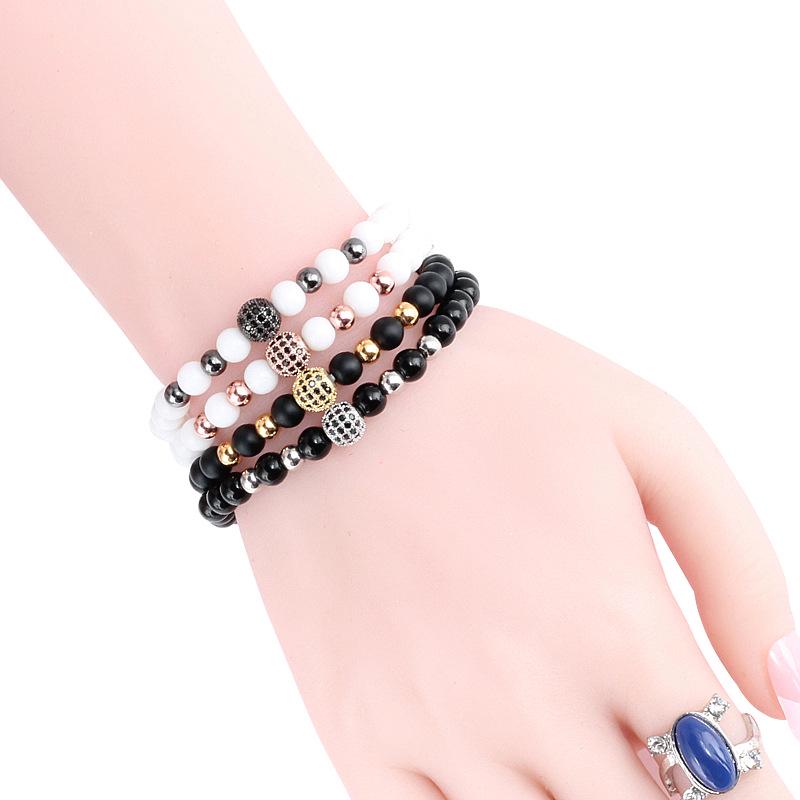 Black Frosted Copper Bead Bracelet with Micro-Inlaid Black Diamond and White Porcelain, Elastic Rope Jewelry for Men and Women.