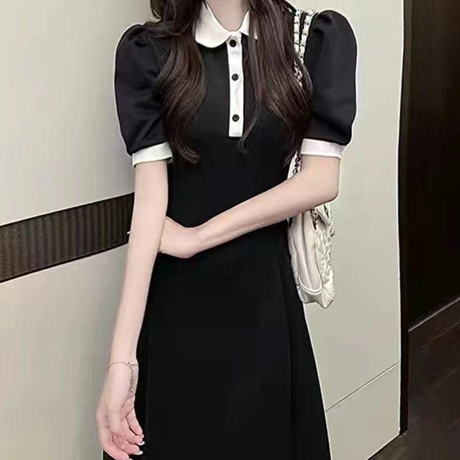 College Style Polo Collar Short-sleeved Dress Women's Summer Medium and Long Waist and Thin Casual A-shaped Skirt Niche Design