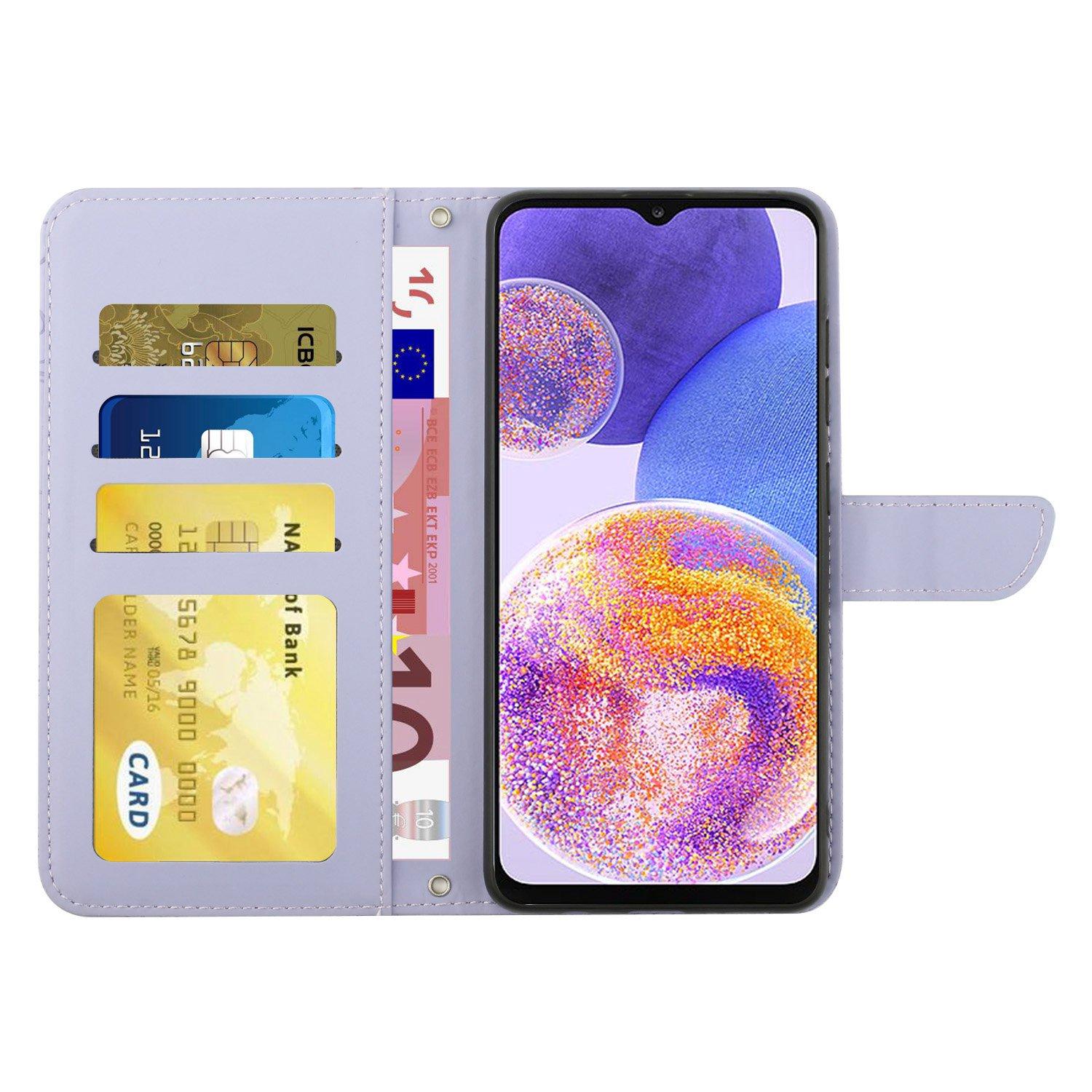 

For Samsung Galaxy A23 5G (Global Version)/4G Skin-touch Feel Case,Butterfly and Pattern Supporting Stand Wallet Phone Cover with Shoulder Strap Light Purple