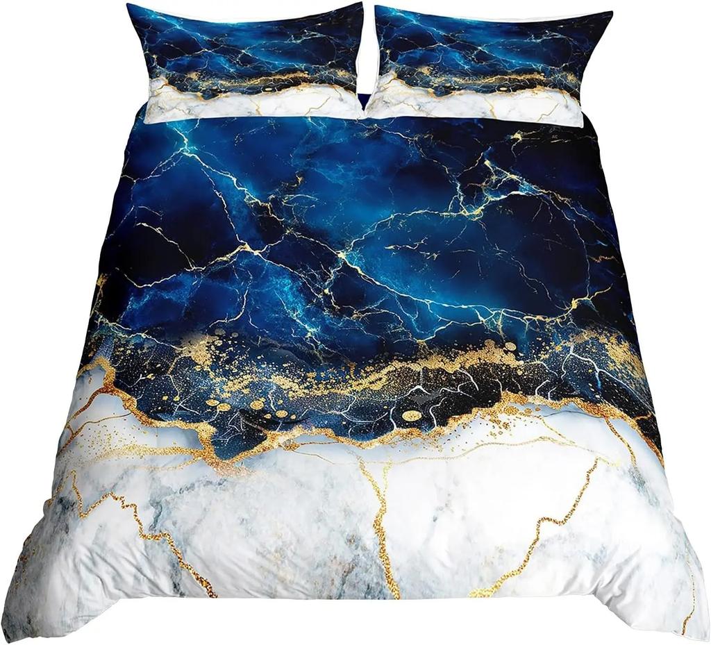 Blue Marble Duvet Cover, Geometric Comforter Cover Twin Queen Size Golden Stone Pattern Bedding Set Abstract Trippy Quilt Cover