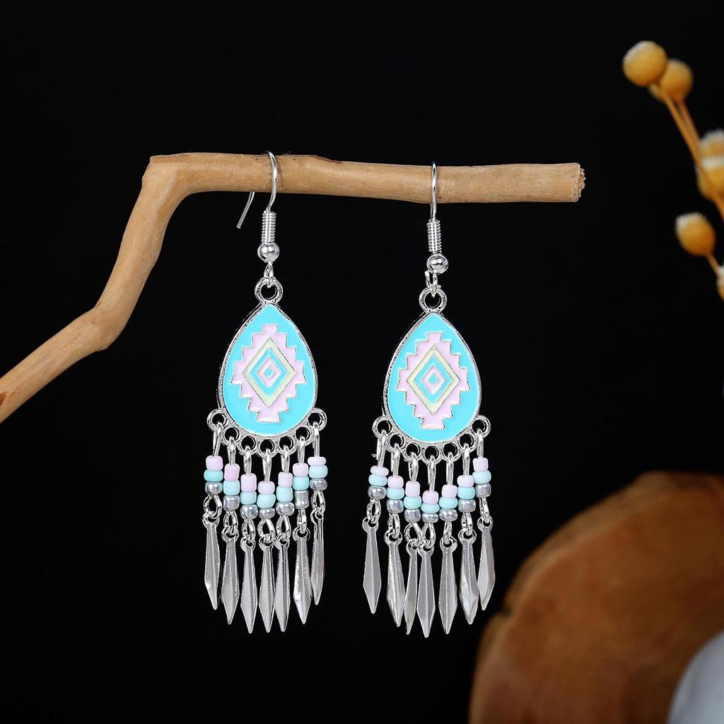 Vintage Ethnic Miao Silver Teardrop Tassel Earrings
