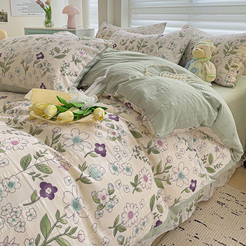 Floral Print French Style Bedding Set Bubble Cotton Duvet Cover Set Washed Cotton Flat Sheet Set Queen For Girl Decor Home