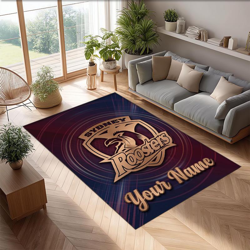 Sydney Roosters Crystal Velvet Rug, Custom Name Text Personalized Non‑Slip Floor Mat for Home Decor Gift