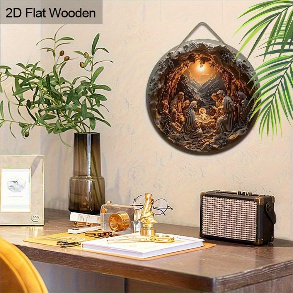 2D Flat 1pc The Birth of Jesus Hanging Sign Wall Decor, Vintage Nativity Scene Wooden Sign, Relief Effect of Guard Jesus Round Sign for Church Front