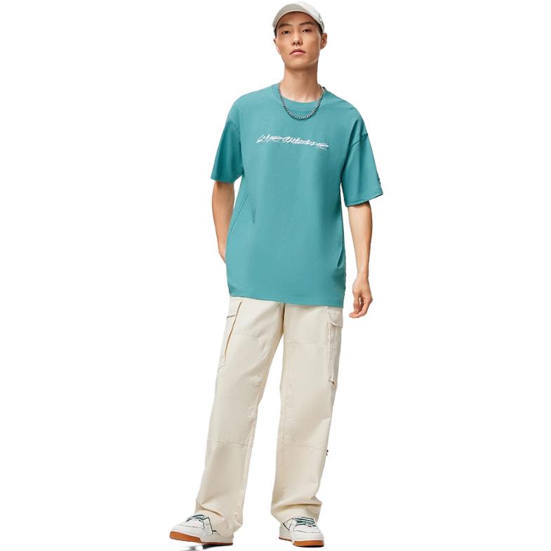 Li-Ning X OG_Slick Co-Branded Skateboard Series Alphabet Print Sweat-Absorbent Loose Short Sleeve T-Shirt Unisex Tops Emerald-Green AHST475-5