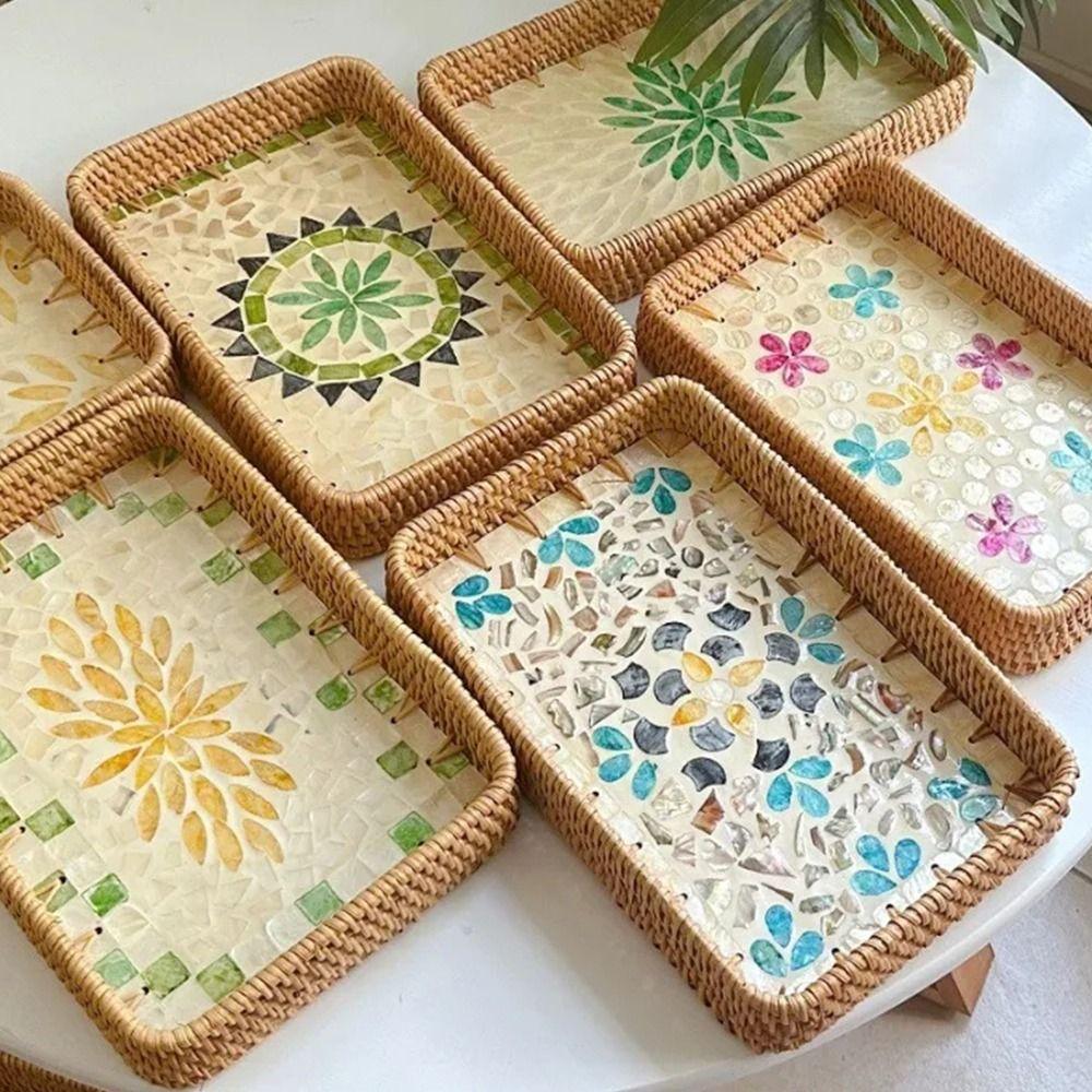 Hand Woven Rattan Shell Tray Colorful Bread Baskets Tray Splicing Shell Rattan Basket  Living Room