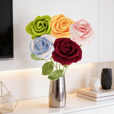 Yousheng Handmade Crochet Rose Flower Knitted Rose Bouquet with Leaves Valentine's Day Anniversary Birthday Artificial Rose Gift for Women Teacher Mom