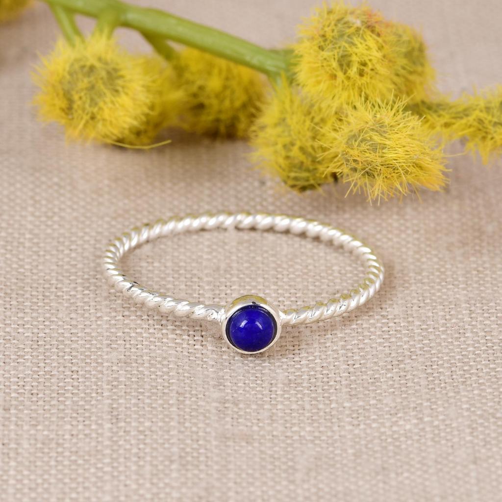 Natural Lapis Lazuli Ring, 925 Sterling Silver Ring, Minimalist Dainty Gemstone Ring Stackable Thin Twisted Band Handmade Jewelry Gift for Women