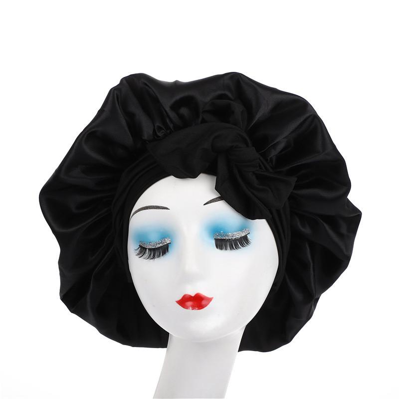 Geometric Satin Hair Cap With Wide Brim And Elastic Fit For Sleep And Hair Protection Black