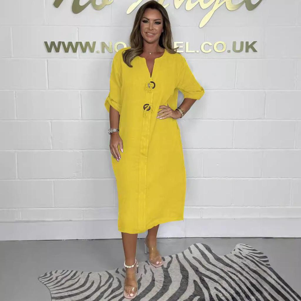 2024 European & American Women's Solid Color Casual Loose Robe Dress