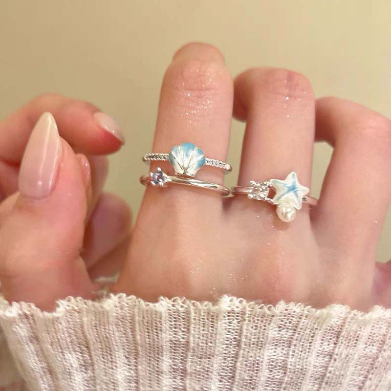 Sweet Blue Starfish Shell Rings for Women Fashion Imitation Pearl Open Rings Summer Seaside Vacation Jewelry Accessories