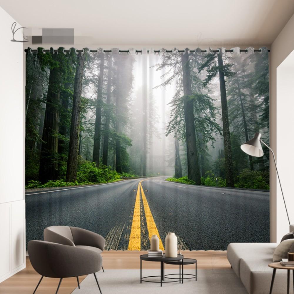 2 Panel Custom Forest Curtain Visual Extension Highway Curtain 3D Space Forest Tree Green Scenic Living Room Windows Curtain