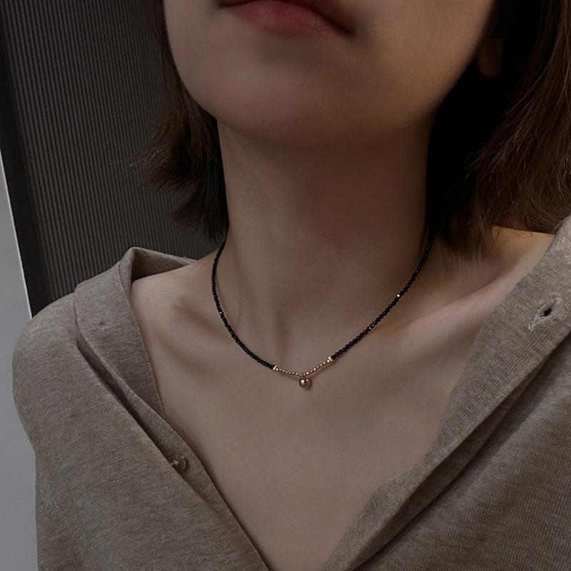 Black Beaded Choker Necklace with Gold Bell Pendant – Minimalist Dainty Jewelry for Women, Elegant Daily Gift Necklace