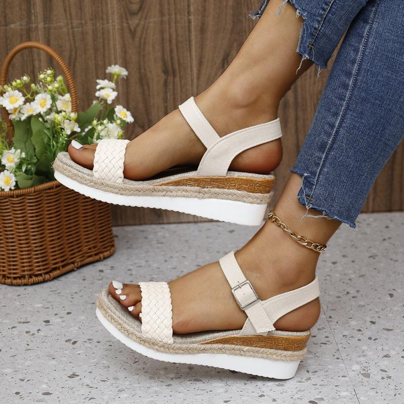 Wedge heel waterproof table woven hemp rope sandals women's new large size 43 with buckle women's sandals