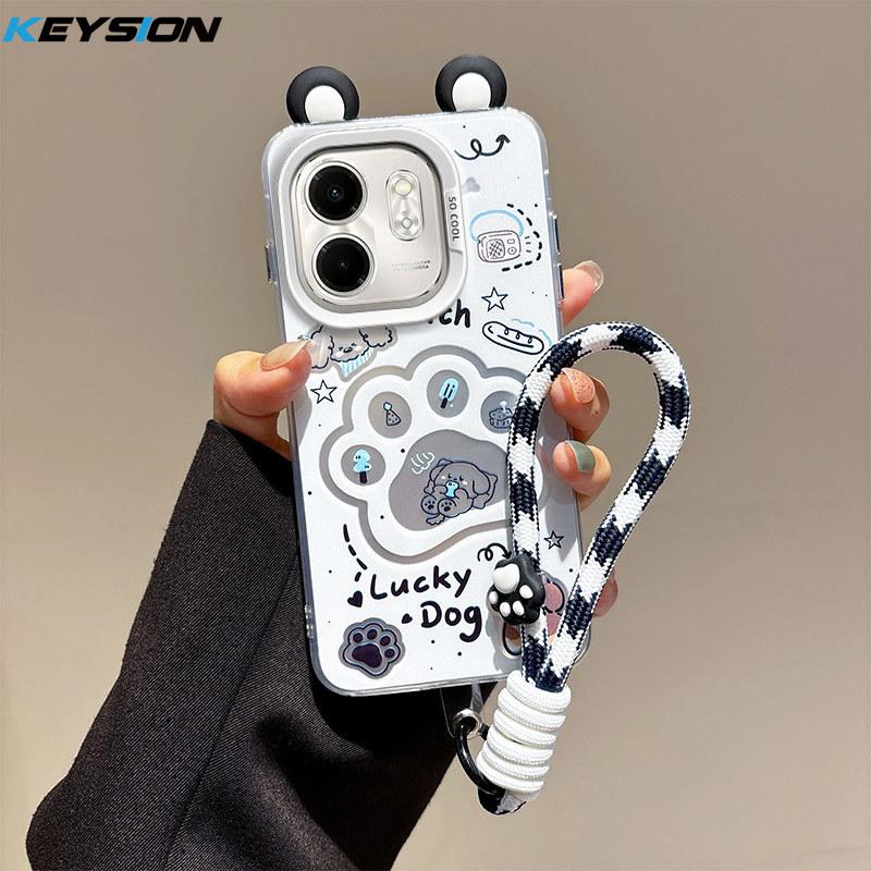 KEYSION Cute Ear Cartoon Case for Infinix Hot 50i with Lanyard Soft Silicone+PC Shockproof Phone Back Cover for Infinix Smart 9