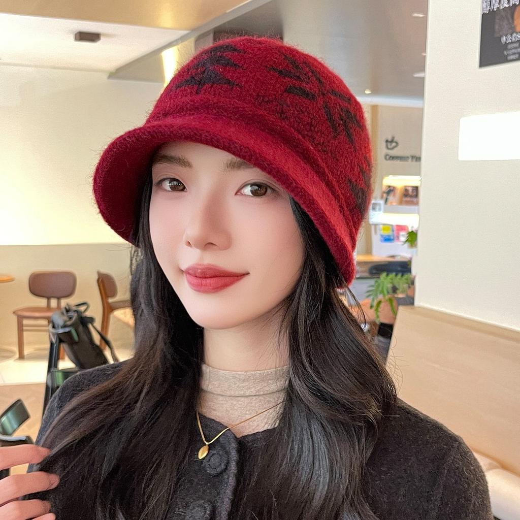 Elderly Women's Hat Autumn Winter Bucket Hat, Plush Lining Warm Thickened Knitted Cotton Beanie