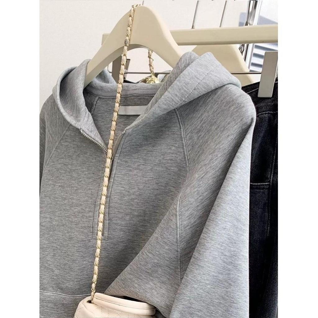 Women's Gray Half-Zip Hooded Sweatshirt - Autumn/Winter 2025 Korean Style Casual Loose Fit Pullover Top