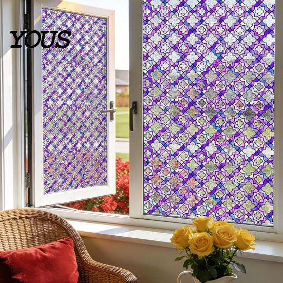 Easy Install Window Sticker Stained Glass Film, Retro Geometric Plaid Static Cling Privacy Decal, Double Non-Adhesive Film for Bedroom Sided