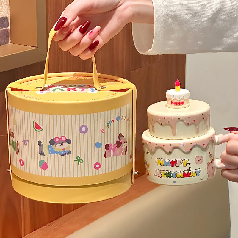 ins cute cake ceramic mug with lid girl high-end drinking cup birthday gift souvenir gift box
