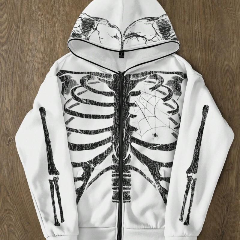 Y2K Gothic Skull Print Hooded Zip-Up Sweatshirt Women Streetwear Oversized Fit