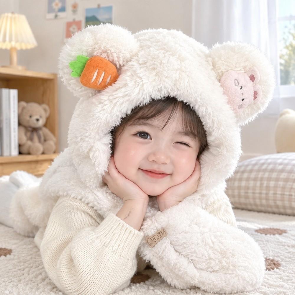 Thick Warm Kids Hooded Scarf Hat Neck Protection Winter Plush Integrated Hat  Snow