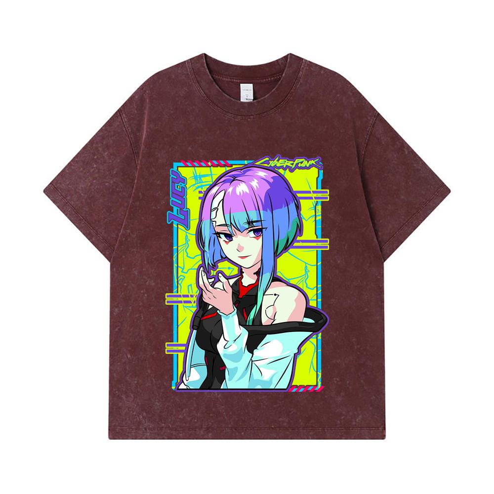 275 GSM Washed T-shirts 100% Cotton Cyberpunk Edgerunners V8 Lucy Print Unisex Heavy Cotton T Shirt