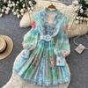 Vintage Women Single Breasted Gorgeous Flower Print Shirt Dress New Autumn Notched Collar Linen Boho Holiday A Linen Mini Dress