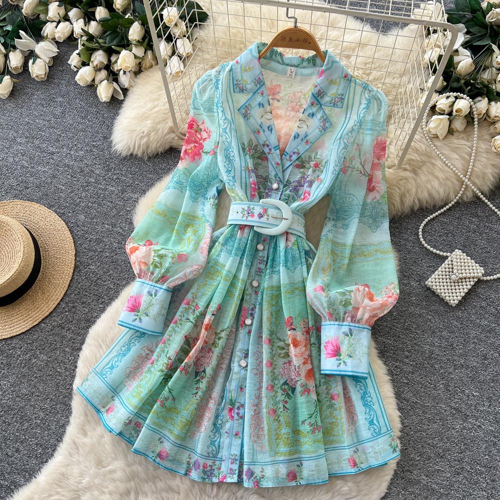 Vintage Women Single Breasted Gorgeous Flower Print Shirt Dress New Autumn Notched Collar Linen Boho Holiday A Linen Mini Dress