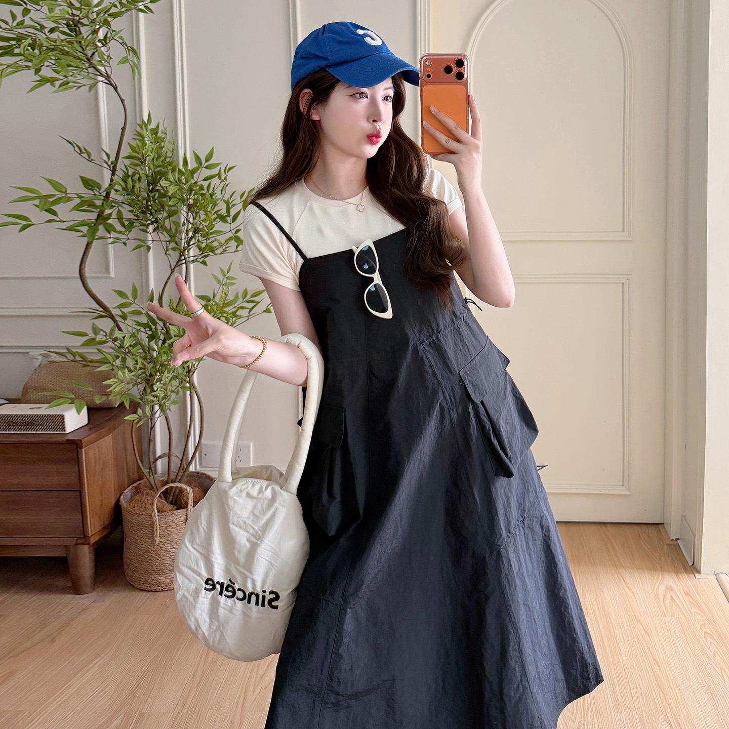 2026 Summer Maternity Set: Stylish Short-Sleeved Top & Plus Size Suspender Skirt XL