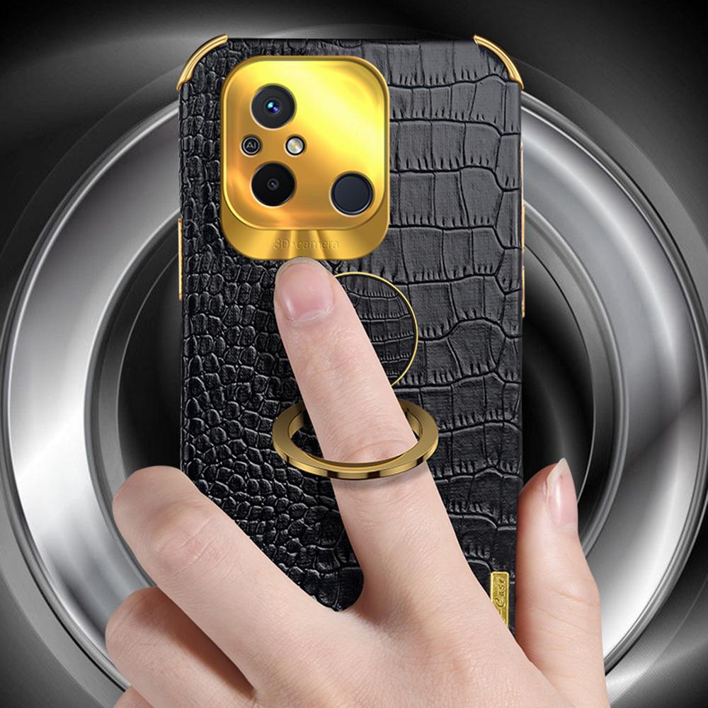 For Xiaomi Redmi 12C 4G Ring Kickstand Leather Coated TPU Anti-drop Case Crocodile Texture 6D Electroplated Phone Cover