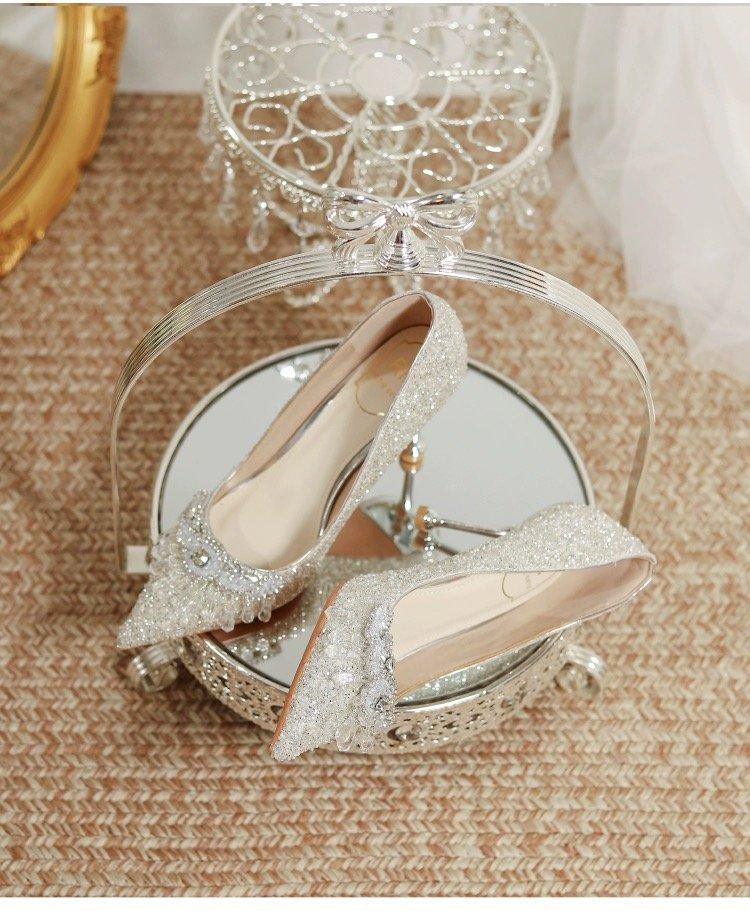 New Sequined Rhinestone Flower High Heels for Bridesmaids, Engagement Shoes, Slim Heels, Non Tiring Feet, Banquet Pumps Shoes