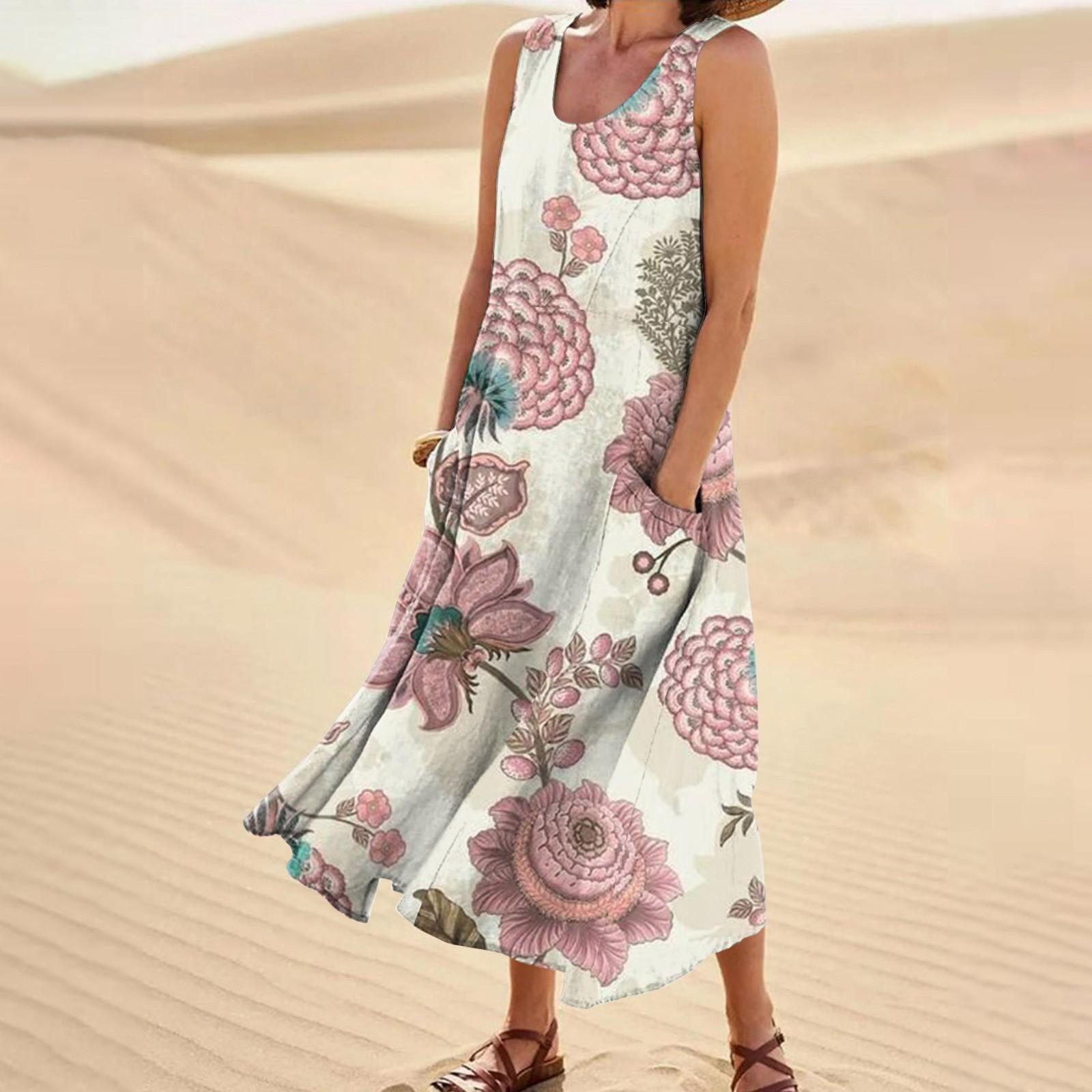 

Женское повседневное удобное хлопковое карманное платье без рукавов с цветочным принтом XL