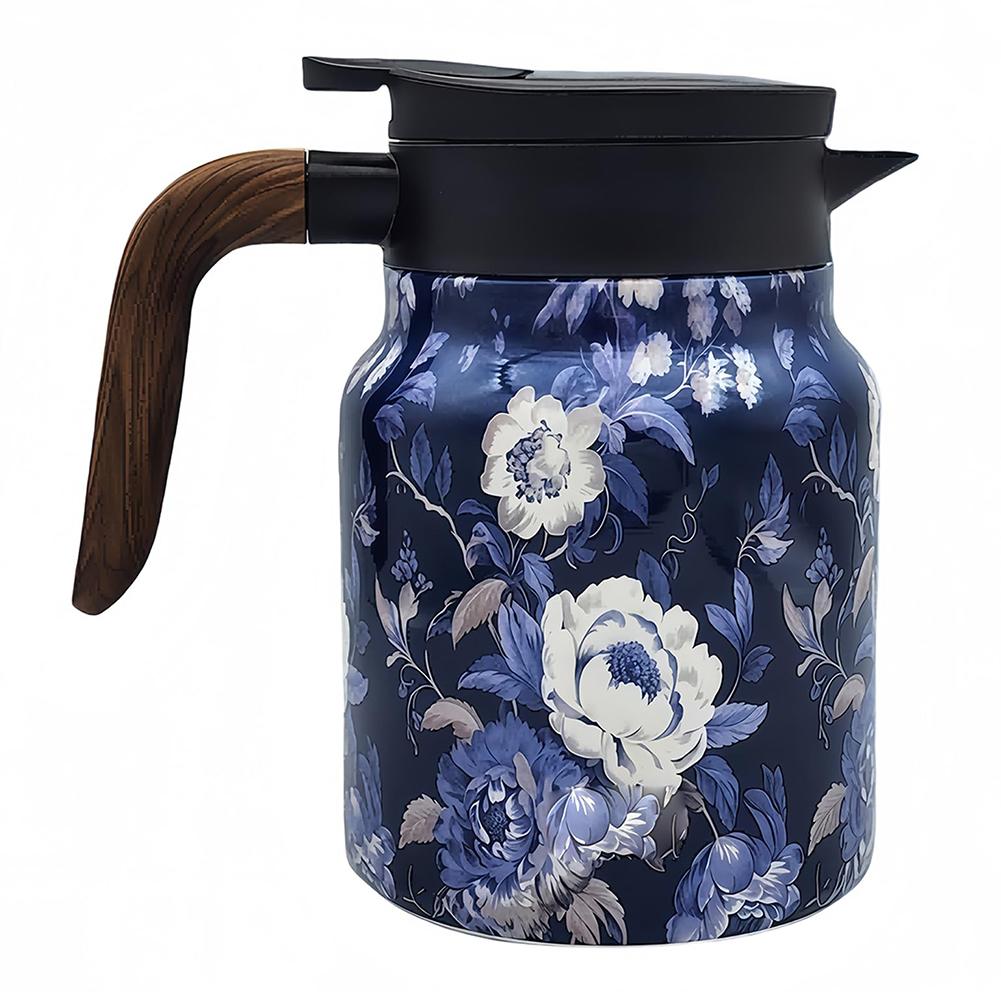 Kitchen Tea Kettle 800ml Retro Floral Tea Kettle Stainless Steel with Infuser Tea Separation Thermal Insulation Pot Wood Handle