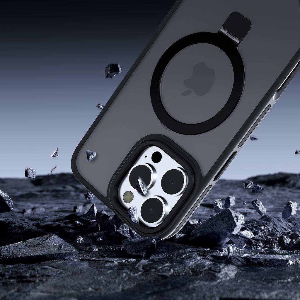 C1 Series For iPhone 15 Pro Max Case TPU+PC Skin Touch Anti-Shock Phone Cover with Magnetic Kickstand
