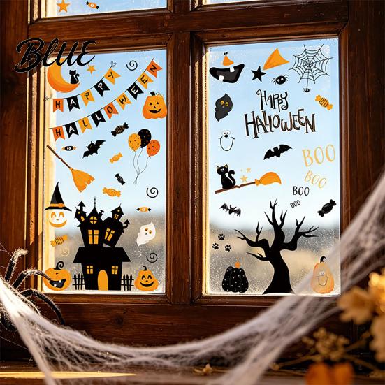 Halloween Window Stickers 4 Sheets Electrostatic Glass Stickers Cartoon Pumpkins Castle Bats Decals PVC Waterproof Static Clings for Windows
