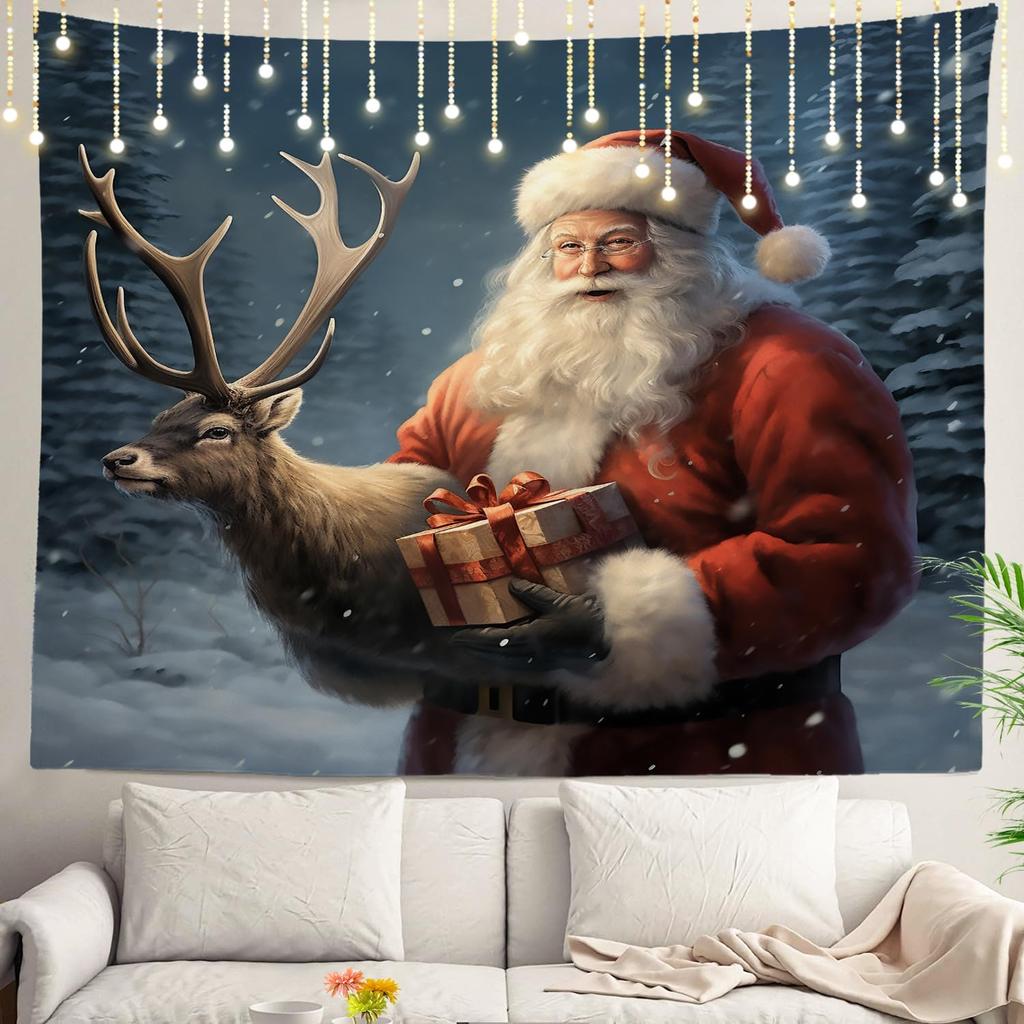 Christmas Santa Reindeer Family Wall Hanging Tapestry Decorative Xmas Holiday Festive Room Poster Art for Xmas Gift