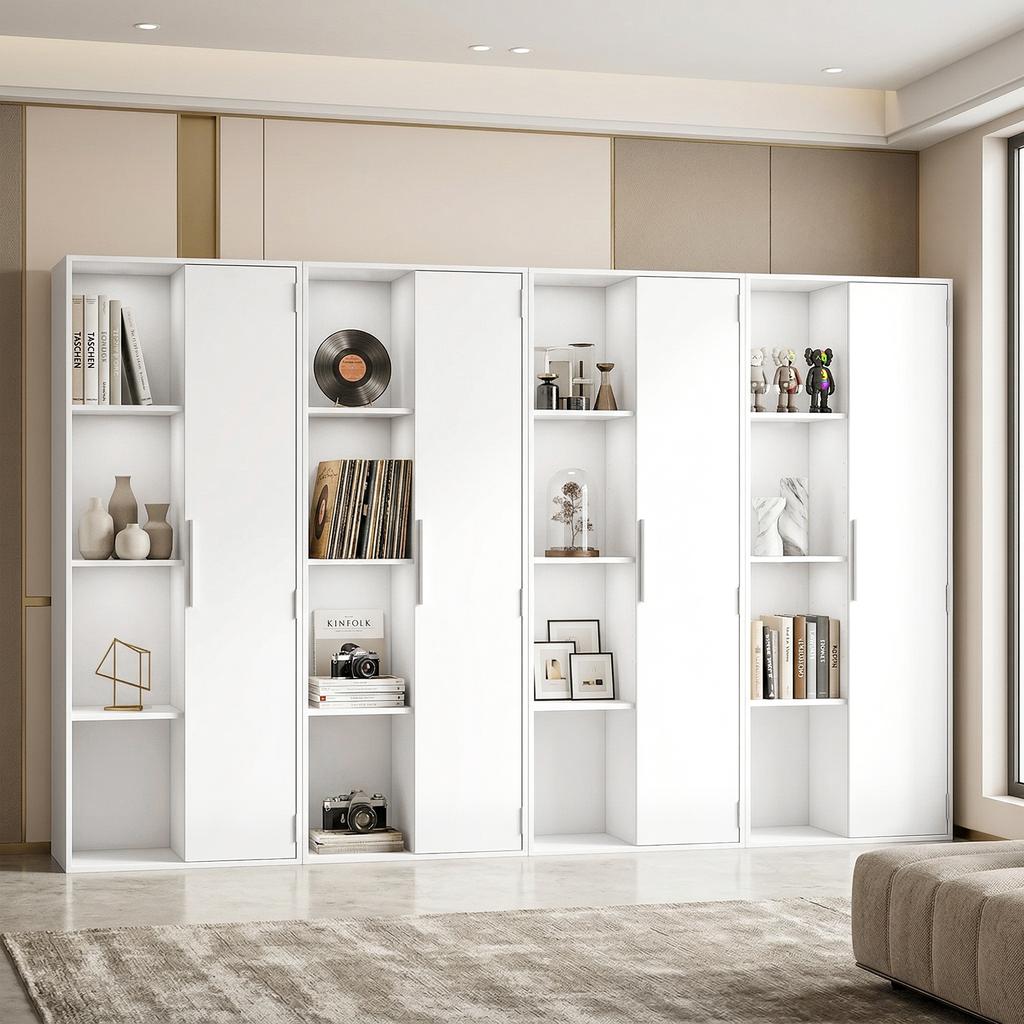 4-Tier Bookshelf with Adjustable Shelves, Shelf with Cabinet and Doors for Living Room, Study, White